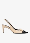 SERGIO ROSSI 90 TWO-TONED PATENT LEATHER SLINGBACK PUMPS
