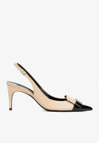 SERGIO ROSSI 90 TWO-TONED PATENT LEATHER SLINGBACK PUMPS