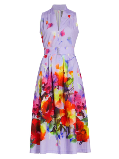 Lela Rose Margot Belted Floral Print Midi Dress In Periwinkle Multi