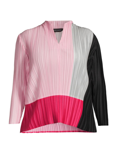 Ming Wang, Plus Size Women's Pleated Colorblocked Blouse In Perfect Pink
