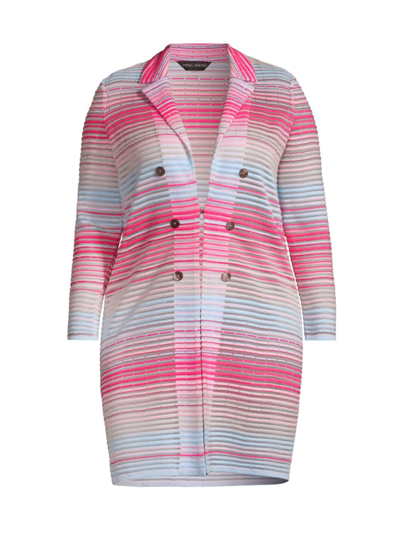 Ming Wang, Plus Size Women's Knit Longline Striped Jacket In Perfect Pink