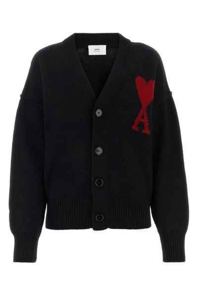 Ami Alexandre Mattiussi Logo Felted Wool Cardigan In Black
