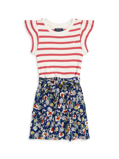 Polo Ralph Lauren Kids' Toddler And Little Girls Striped Floral Cotton-blend Dress In Red Deckwhite Stripe