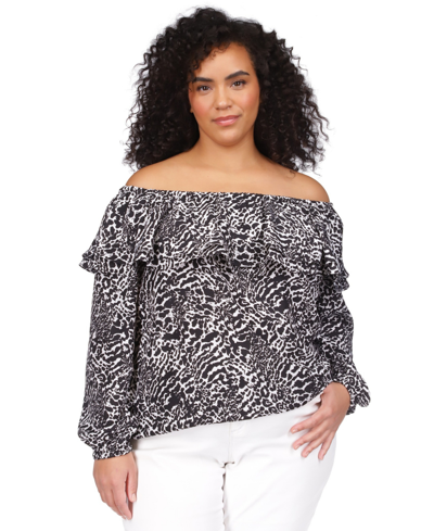Michael Kors Michael  Plus Size Animal-print Off-the-shoulder Top In White,black