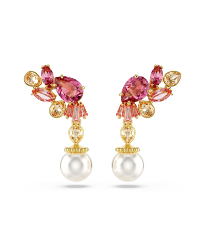 Swarovski Mixed Cuts, Crystal  Imitation Pearls, Flower, Pink, Gold-tone Gema Drop Earrings