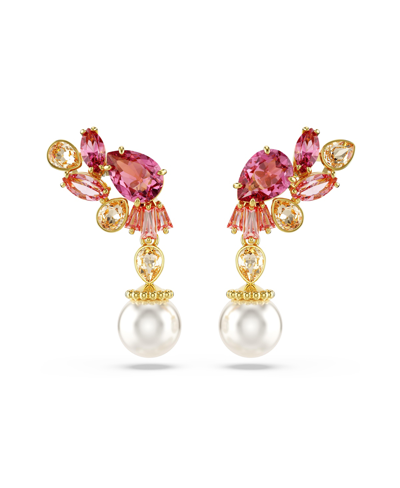 Swarovski Mixed Cuts, Crystal  Imitation Pearls, Flower, Pink, Gold-tone Gema Drop Earrings In Multicolor