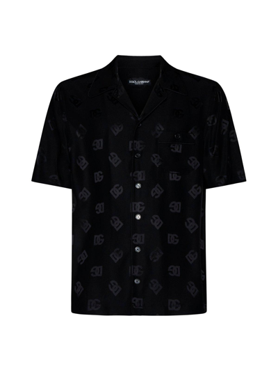 Dolce & Gabbana Silk Jacquard Shirt With Dg Monogram Print In Black