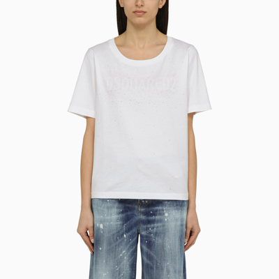 DSQUARED2 WHITE COTTON CREW-NECK T-SHIRT WITH LOGO