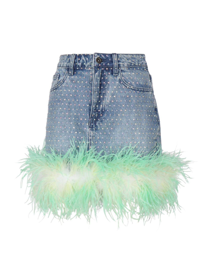 Self-portrait Denim Skirt With Rhinestone Feathers In Blue