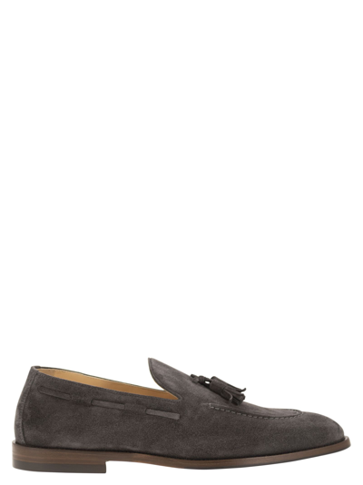 Brunello Cucinelli Suede Moccasins With Tassels In Dark Grey