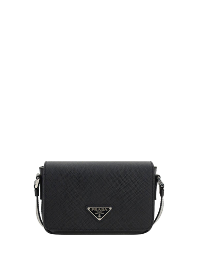 Prada Saffiano Triangle Logo Foldover Top Shoulder Bag In Black