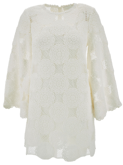 Zimmermann Mini White Dress With Long Sleeves And Slip In Guipure Lace Woman