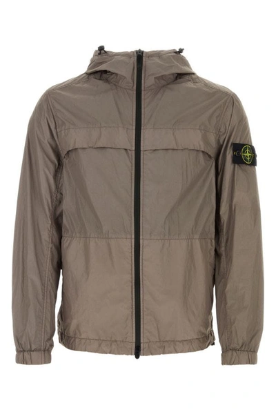 Stone Island Compass-badge Crinkled Hooded Jacket In Gray