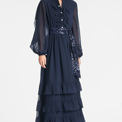 Sachin & Babi Venus Blouson-sleeve Ruffle Chiffon Gown In Midnight