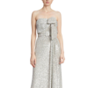 BADGLEY MISCHKA STRAPLESS METALLIC SEQUINED GOWN WITH BOW