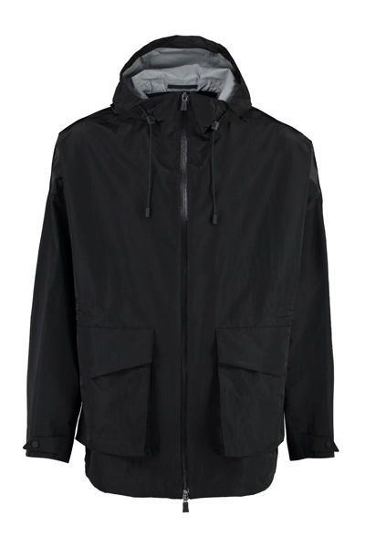 Herno Hooded Techno Fabric Raincoat In Black