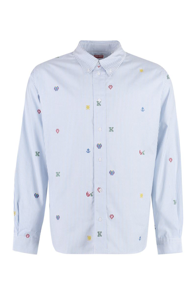 Kenzo Button-down Collar Cotton Shirt In Blue