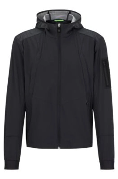 Hugo Boss Mixed-material Hooded Jacket With Patterned Trims In Dark Grey