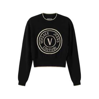 Versace Jeans Couture 女士羊毛短款露脐圆领长袖羊毛衫针织衫套头衫 In Black