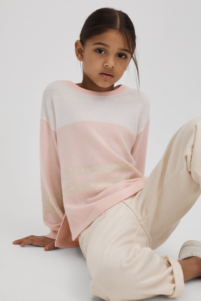 Reiss Allegra - Pink Teen Wool Blend Striped Crew Neck Jumper, Uk 13-14 Yrs