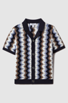 Reiss Waves - Blue Multi Knitted Cuban Collar Shirt, In Blue Multi