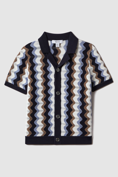 Reiss Kids' Waves - Blue Multi Knitted Cuban Collar Shirt,
