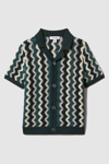 Reiss Kids' Waves - Green Multi Knitted Cuban Collar Shirt, Uk 13-14 Yrs