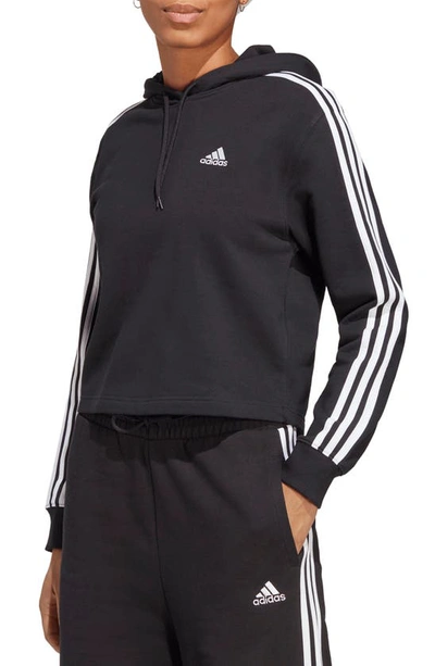 Adidas Originals 3-stripes Cotton French Terry Crop Hoodie In Black/ White