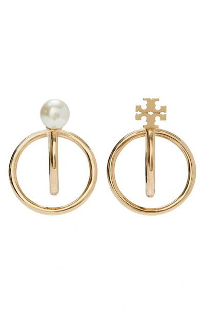 Tory Burch Kira Logo & Imitation Pearl Mismatched Double Hoop Earrings In Gold
