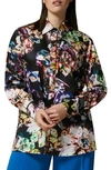 Marina Rinaldi Print Satin Button-up Shirt In Black Jewel