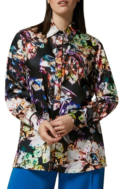 Marina Rinaldi Print Satin Button-up Shirt In Black Jewel