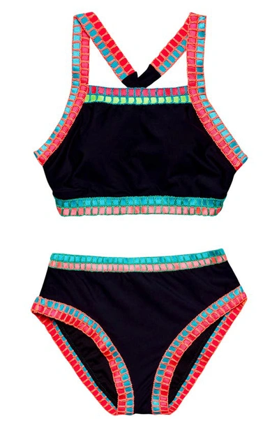Beach Lingo Kids' Embroidered Trim Two-piece Swimsuit In Black