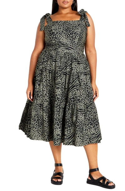 City Chic Gloria Animal Print Tiered Midi Sundress In Sage Serene Skin