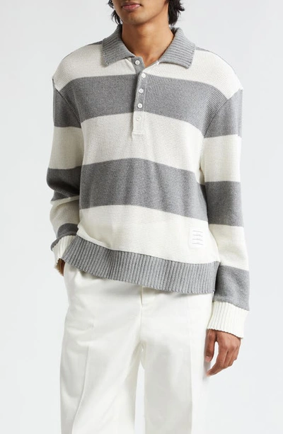 Thom Browne Rugby Stripe Cotton Polo Sweater In Light Grey