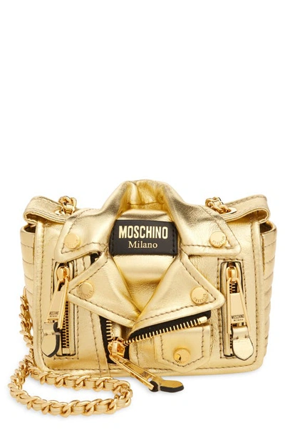 Moschino Mini Biker Metallic Leather Shoulder Bag In A1615 Platinum