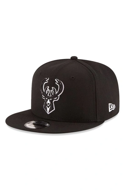 New Era Black Milwaukee Bucks Black & White Logo 9fifty Adjustable Snapback Hat
