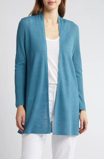 Eileen Fisher Ribbed Side-slit Open-front Cardigan In River