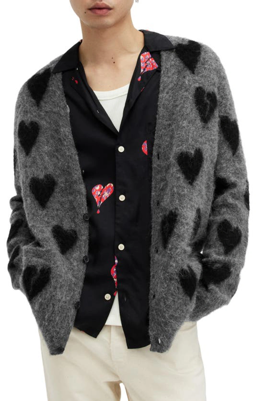 Allsaints Amore Heart Motif Relaxed Fit Cardigan In Grey/black