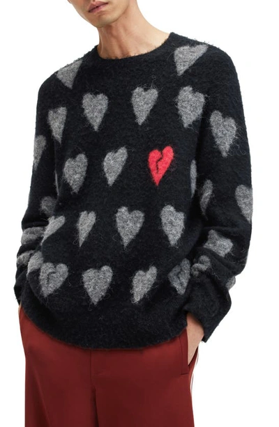 Allsaints Amore Heart Motif Relaxed Fit Jumper In Black/grey