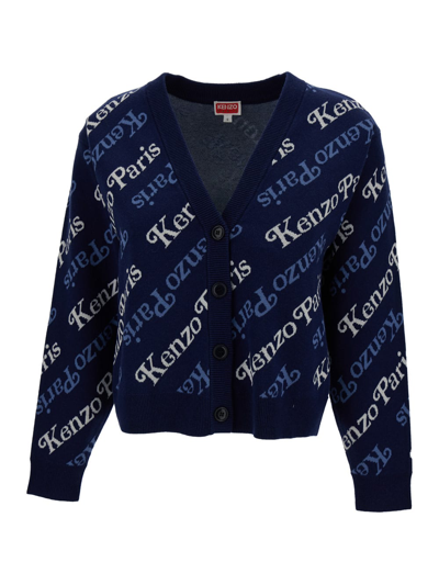 Kenzo Verdy Intarsia-logo Cropped Cardigan In Dark Blue