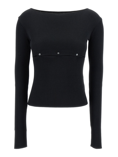LOW CLASSIC BLACK RIBBED TOP WITH BOAT NECKLINE AND BUTTONS IN RAYON BLEND WOMAN