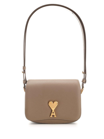 Ami Alexandre Mattiussi Ami De Coeur Leather Shoulder Bag In Beige