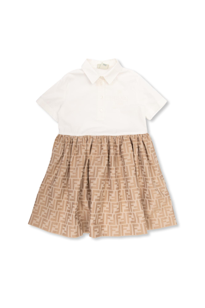 Fendi Kids' Multicolor Dress For Baby Girl With Iconic Ff In Beige