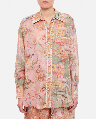 Zimmermann Floral-print Ramie Shirt In Pastel Pink