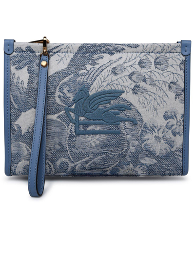 Etro Medium Denim Jacquard Zipped Clutch Bag In Blue