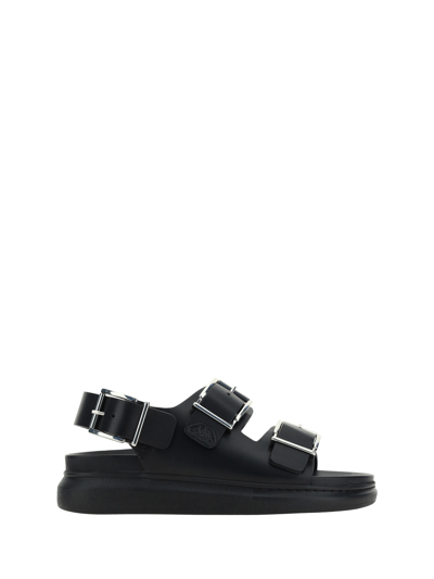 Alexander Mcqueen Leather Sandals With Maxi Buckles In Black/silver
