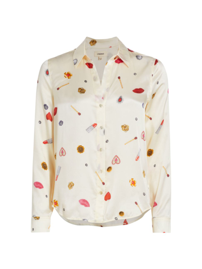 L'agence Tyler Jewel Printed Button-front Silk Blouse In Champagne Multi Heart Jewel