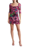 BLACK HALO FANG FLORAL RUCHED SLEEVE BODY-CON MINIDRESS