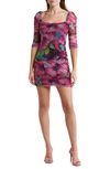 Black Halo Fang Floral Ruched Sleeve Body-con Minidress In Vivid Flourish