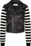 LOEWE LEATHER AND STRIPED COTTON-BLEND BIKER JACKET